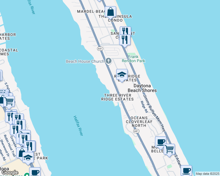 map of restaurants, bars, coffee shops, grocery stores, and more near 2740 South Peninsula Drive in Daytona Beach
