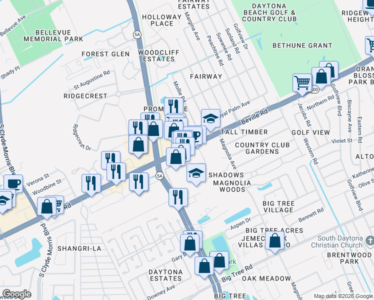 map of restaurants, bars, coffee shops, grocery stores, and more near 933 Beville Road in South Daytona