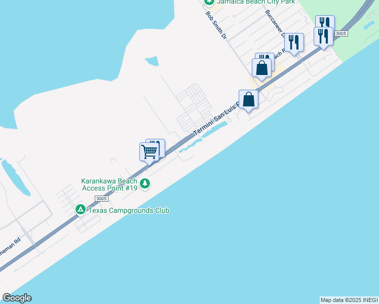 map of restaurants, bars, coffee shops, grocery stores, and more near 17009 Termini-San Luis Pass Road in Galveston