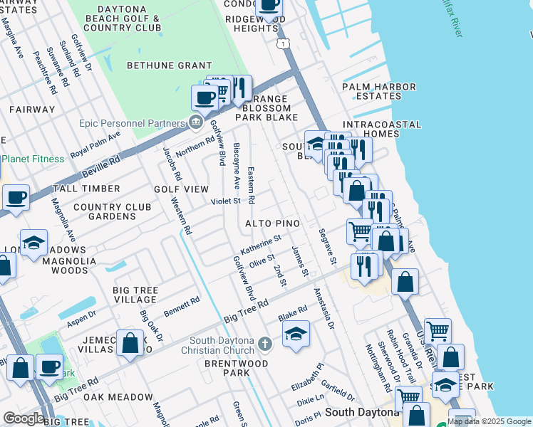 map of restaurants, bars, coffee shops, grocery stores, and more near 518 Holly Street in South Daytona