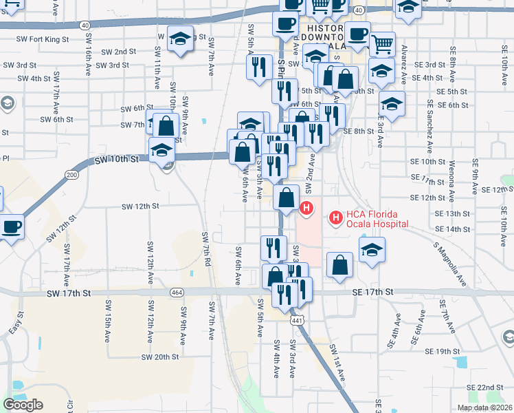 map of restaurants, bars, coffee shops, grocery stores, and more near 501 Southwest 13th Street in Ocala