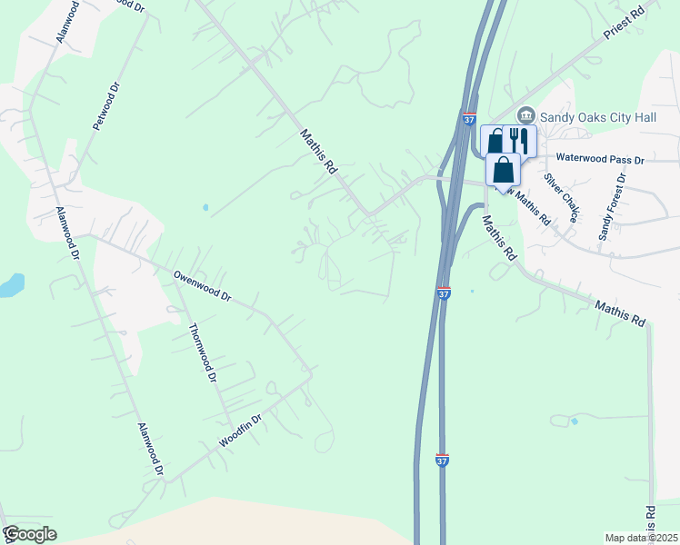 map of restaurants, bars, coffee shops, grocery stores, and more near 3406 Mathis Circle in San Antonio