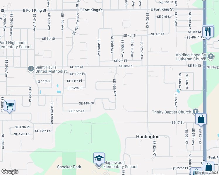 map of restaurants, bars, coffee shops, grocery stores, and more near 4811-4815 Southeast 12th Place in Ocala