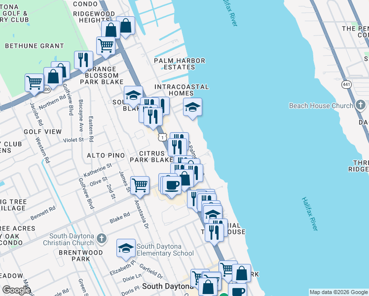 map of restaurants, bars, coffee shops, grocery stores, and more near 1910 South Palmetto Avenue in South Daytona