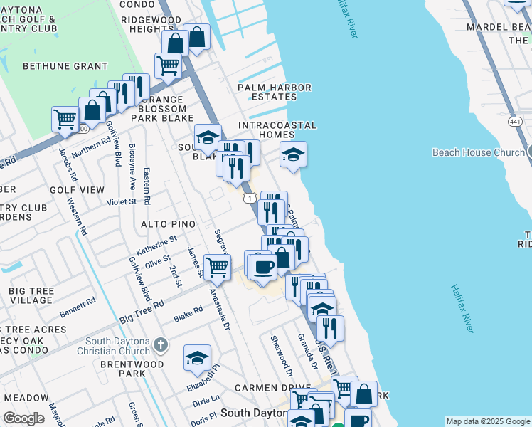 map of restaurants, bars, coffee shops, grocery stores, and more near 1863 South Ridgewood Avenue in South Daytona