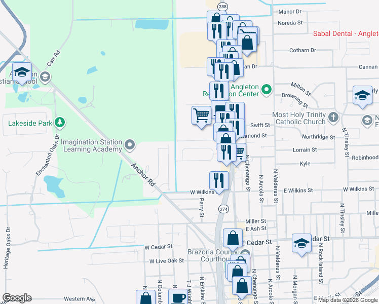 map of restaurants, bars, coffee shops, grocery stores, and more near 15 North Kaysie Street in Angleton