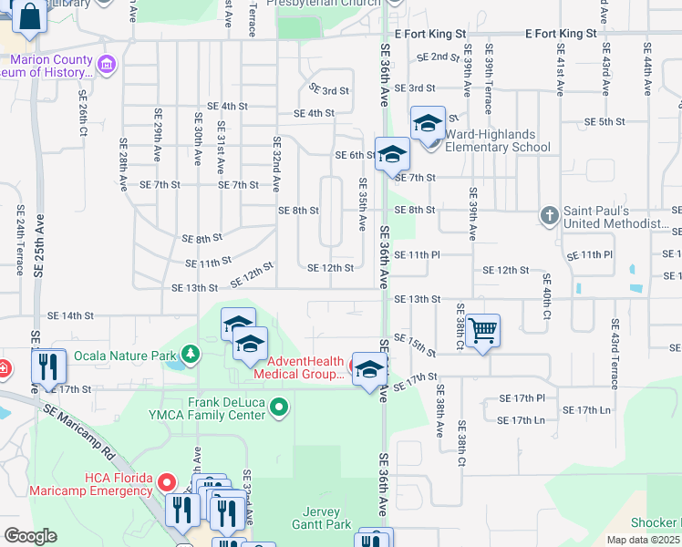map of restaurants, bars, coffee shops, grocery stores, and more near 3416 Southeast 12th Street in Ocala