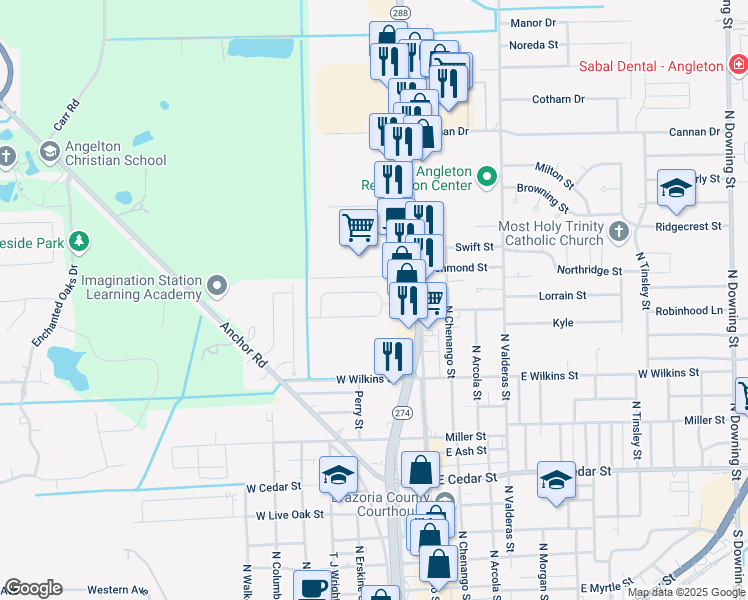 map of restaurants, bars, coffee shops, grocery stores, and more near 3 North Kaysie Street in Angleton