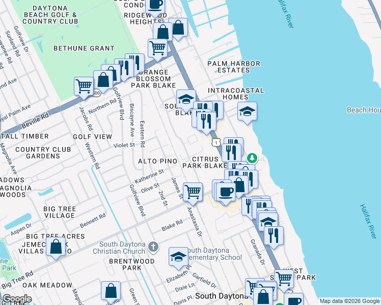 map of restaurants, bars, coffee shops, grocery stores, and more near 1835 Segrave Street in South Daytona