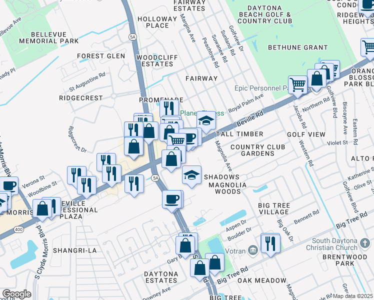 map of restaurants, bars, coffee shops, grocery stores, and more near 947 Beville Road in South Daytona