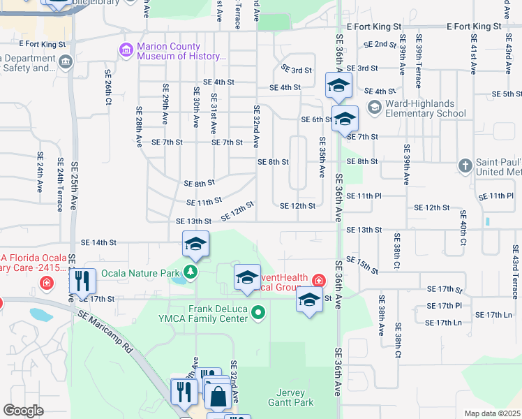 map of restaurants, bars, coffee shops, grocery stores, and more near 1223 Southeast 32nd Avenue in Ocala