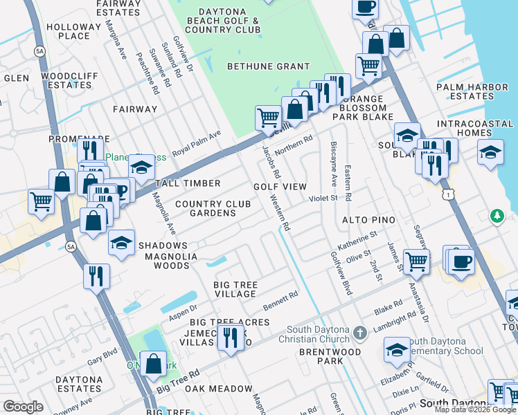 map of restaurants, bars, coffee shops, grocery stores, and more near 1637 Lockhart Street in South Daytona