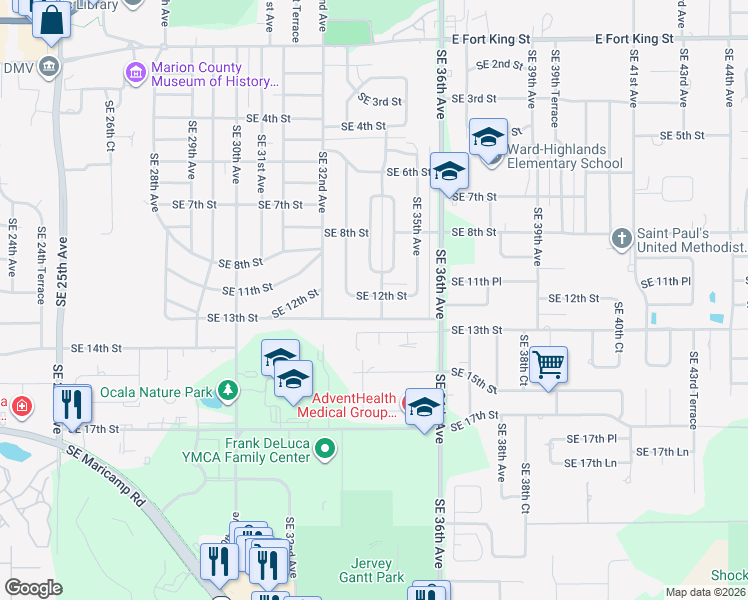 map of restaurants, bars, coffee shops, grocery stores, and more near 3416 Southeast 12th Street in Ocala