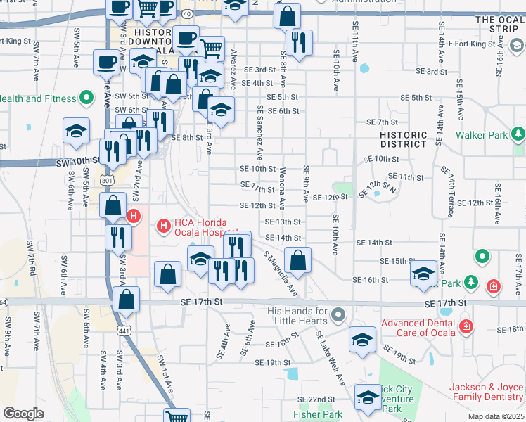 map of restaurants, bars, coffee shops, grocery stores, and more near 1211 SE Sanchez Ave in Ocala