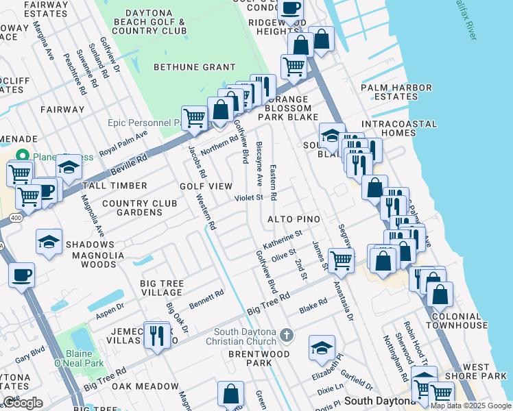 map of restaurants, bars, coffee shops, grocery stores, and more near 1805 Biscayne Avenue in South Daytona