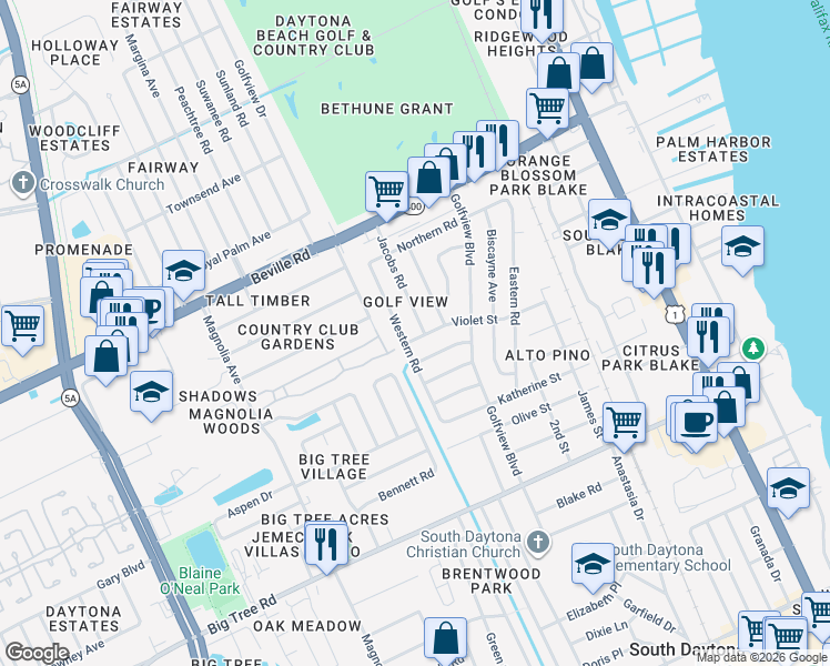 map of restaurants, bars, coffee shops, grocery stores, and more near 1748 Jacobs Road in South Daytona
