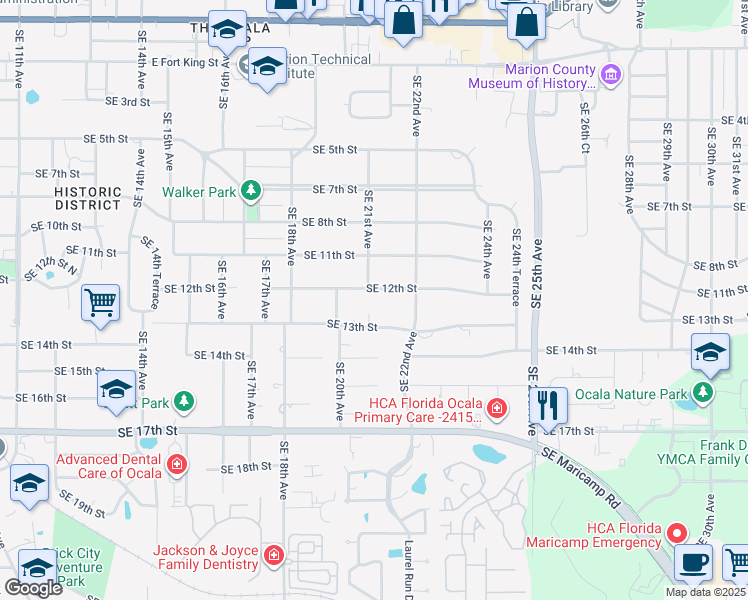 map of restaurants, bars, coffee shops, grocery stores, and more near 2108 Southeast 12th Street in Ocala