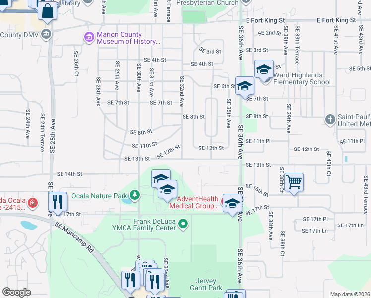map of restaurants, bars, coffee shops, grocery stores, and more near 1223 Southeast 32nd Avenue in Ocala