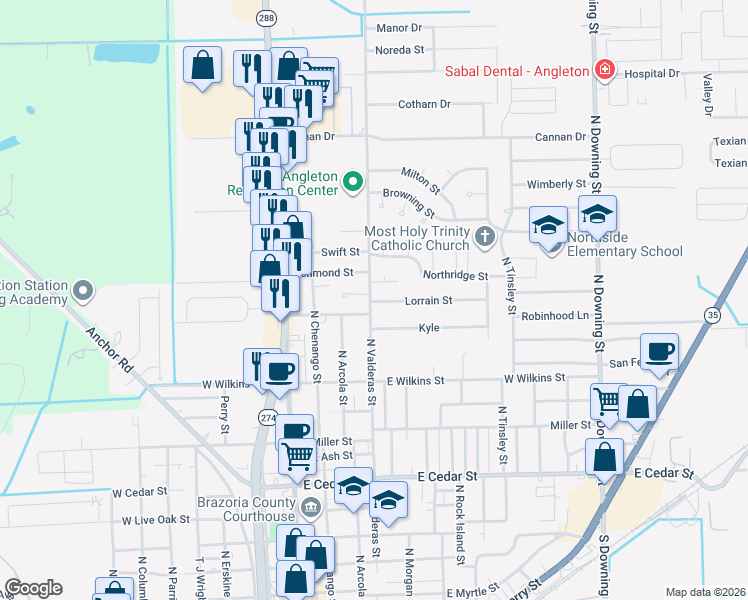 map of restaurants, bars, coffee shops, grocery stores, and more near 611 Lorrain Street in Angleton