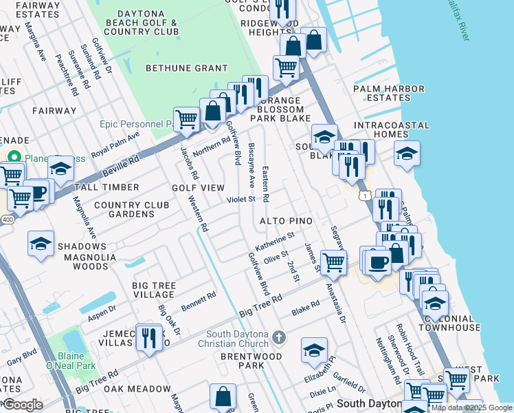 map of restaurants, bars, coffee shops, grocery stores, and more near 1805 Biscayne Avenue in South Daytona