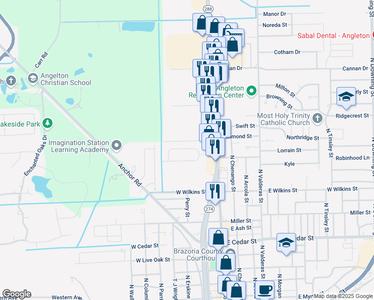 map of restaurants, bars, coffee shops, grocery stores, and more near 3 North Kaysie Street in Angleton