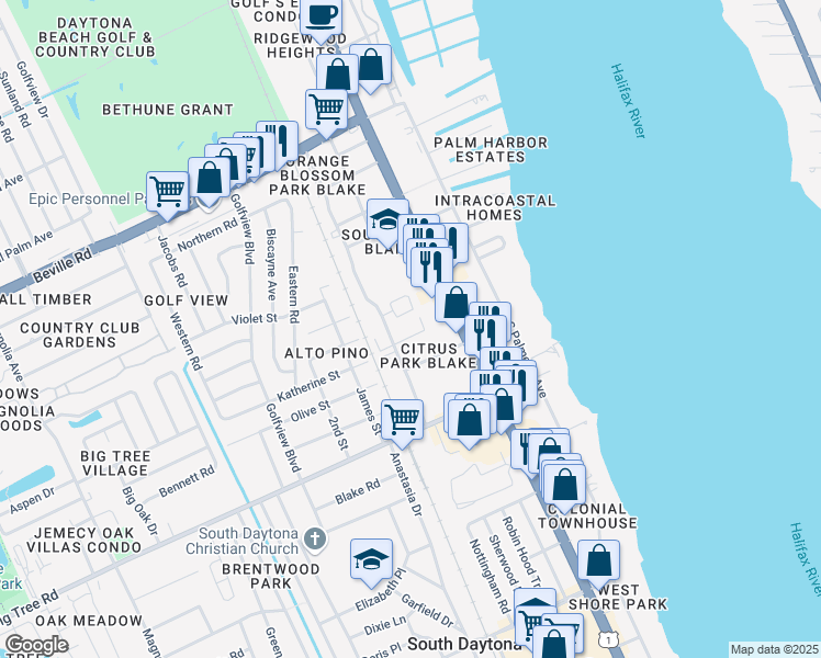 map of restaurants, bars, coffee shops, grocery stores, and more near 1835 South Segrave Street in South Daytona