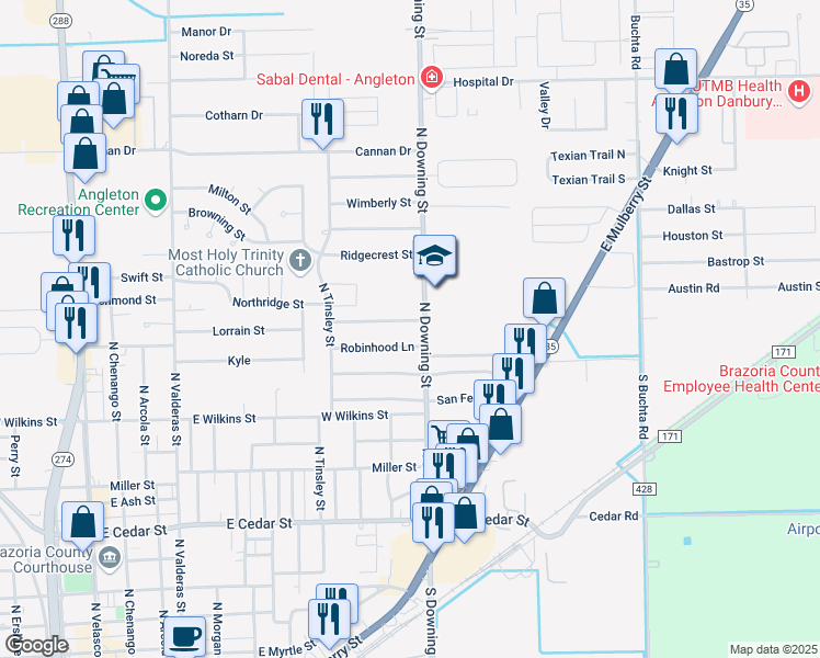 map of restaurants, bars, coffee shops, grocery stores, and more near 1112 Nottingham Drive in Angleton