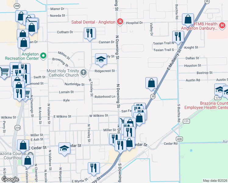 map of restaurants, bars, coffee shops, grocery stores, and more near 1108 Nottingham Dr in Angleton