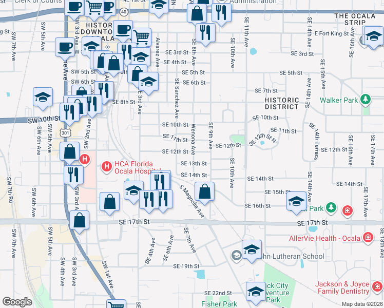 map of restaurants, bars, coffee shops, grocery stores, and more near 742 Southeast 12th Street in Ocala