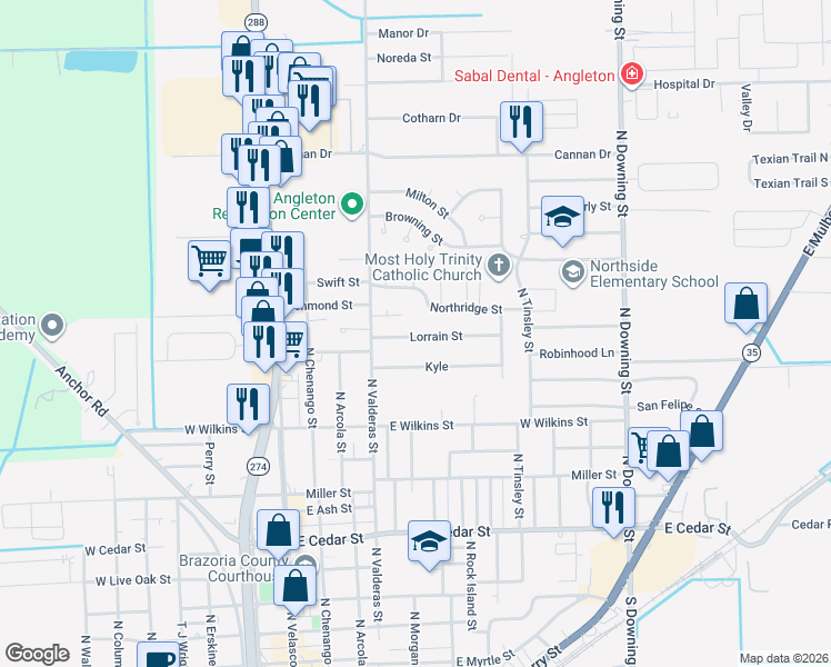 map of restaurants, bars, coffee shops, grocery stores, and more near 653 Lorrain Street in Angleton