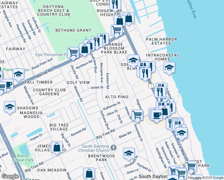map of restaurants, bars, coffee shops, grocery stores, and more near 518 Holly Street in South Daytona