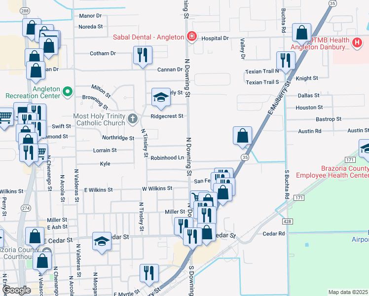 map of restaurants, bars, coffee shops, grocery stores, and more near 1112 Nottingham Drive in Angleton