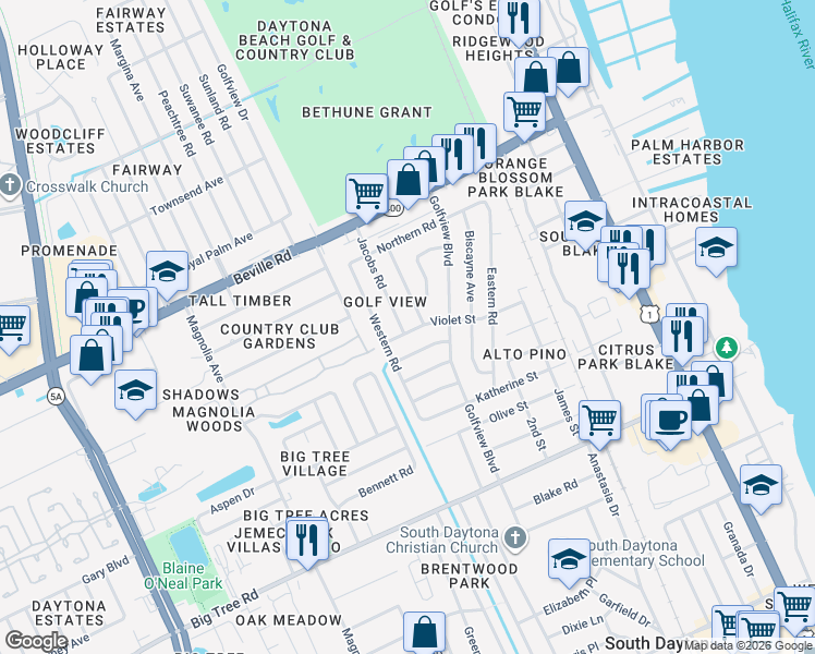 map of restaurants, bars, coffee shops, grocery stores, and more near 1748 Jacobs Road in South Daytona