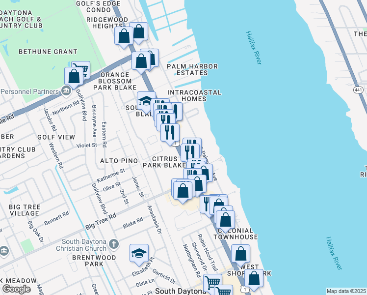 map of restaurants, bars, coffee shops, grocery stores, and more near 1863 South Ridgewood Avenue in South Daytona