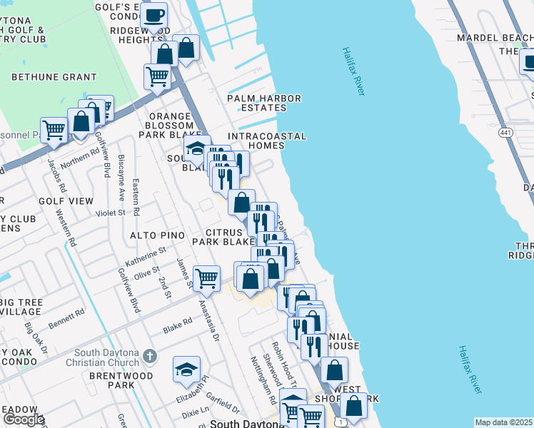 map of restaurants, bars, coffee shops, grocery stores, and more near 201 Kost Road in South Daytona