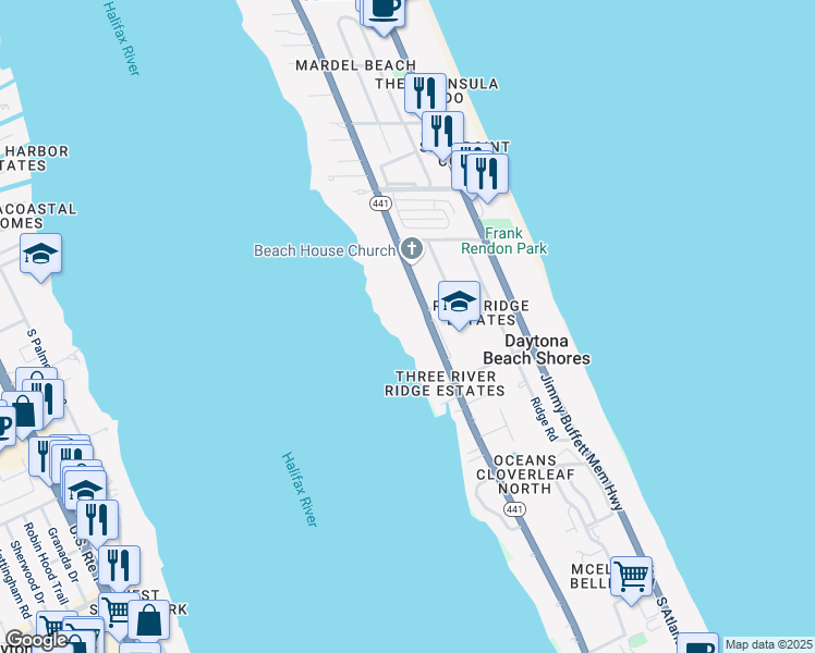 map of restaurants, bars, coffee shops, grocery stores, and more near 2740 South Peninsula Drive in Daytona Beach