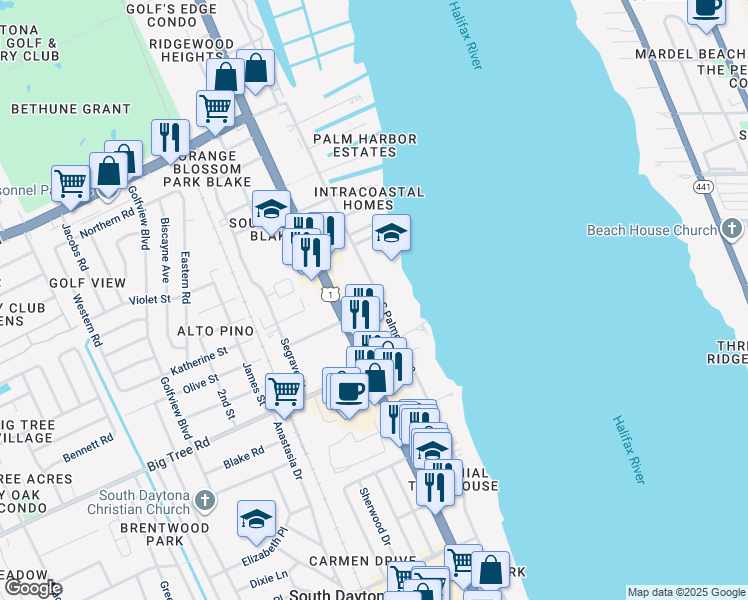 map of restaurants, bars, coffee shops, grocery stores, and more near 201 Kost Road in South Daytona