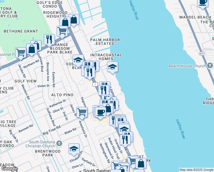 map of restaurants, bars, coffee shops, grocery stores, and more near 201 Kost Road in South Daytona