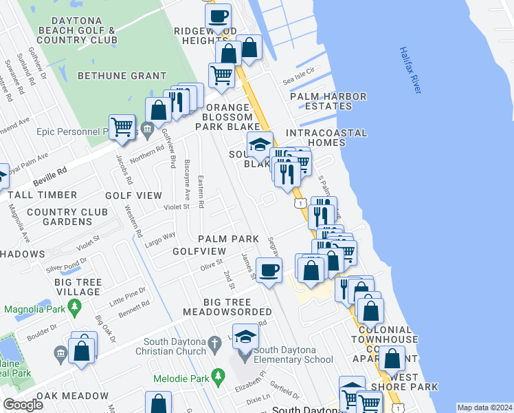 map of restaurants, bars, coffee shops, grocery stores, and more near 1841 South Seagrave Street in Daytona Beach