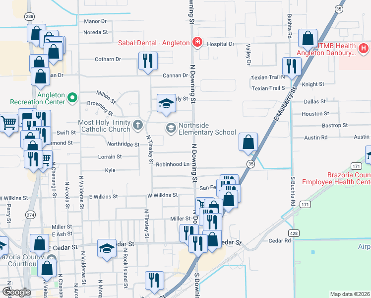map of restaurants, bars, coffee shops, grocery stores, and more near 1112 Nottingham Drive in Angleton