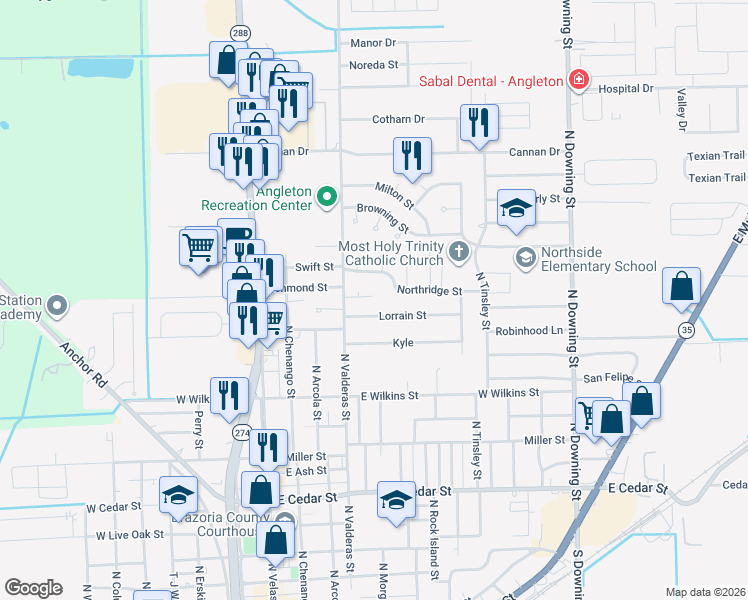 map of restaurants, bars, coffee shops, grocery stores, and more near 653 Lorrain Street in Angleton