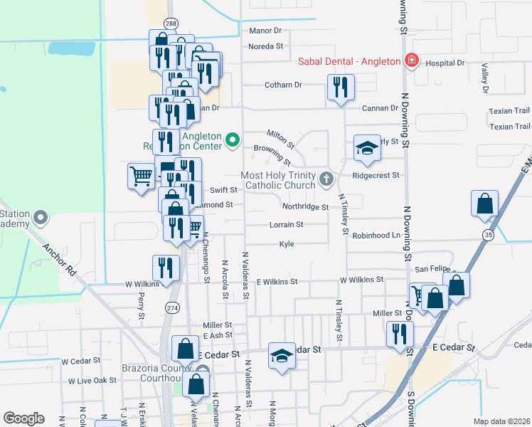 map of restaurants, bars, coffee shops, grocery stores, and more near 316 Hickman Lane in Angleton