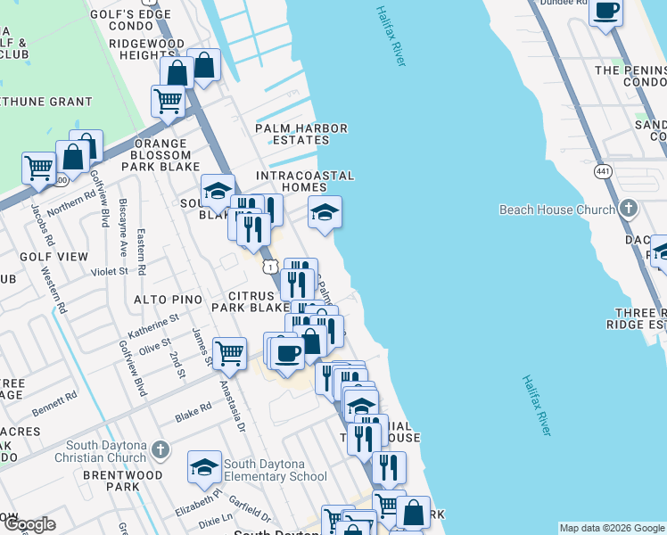 map of restaurants, bars, coffee shops, grocery stores, and more near 1907 South Palmetto Avenue in South Daytona