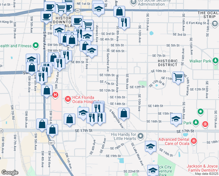 map of restaurants, bars, coffee shops, grocery stores, and more near 1211 Southeast Sanchez Avenue in Ocala