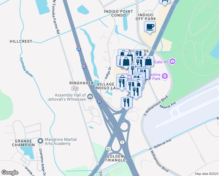 map of restaurants, bars, coffee shops, grocery stores, and more near 119 Village Park Dr in Daytona Beach