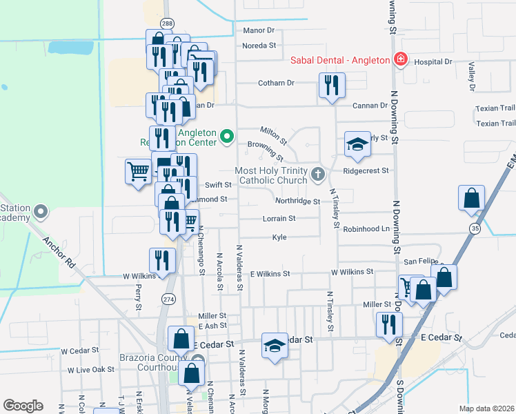map of restaurants, bars, coffee shops, grocery stores, and more near 316 Hickman Lane in Angleton