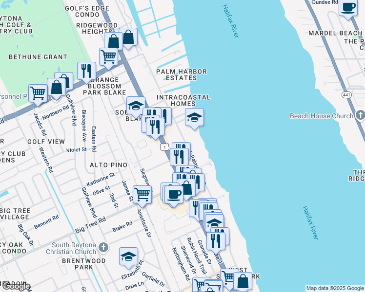 map of restaurants, bars, coffee shops, grocery stores, and more near 201 Kost Road in South Daytona