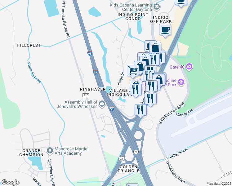 map of restaurants, bars, coffee shops, grocery stores, and more near 119 Village Park Dr in Daytona Beach