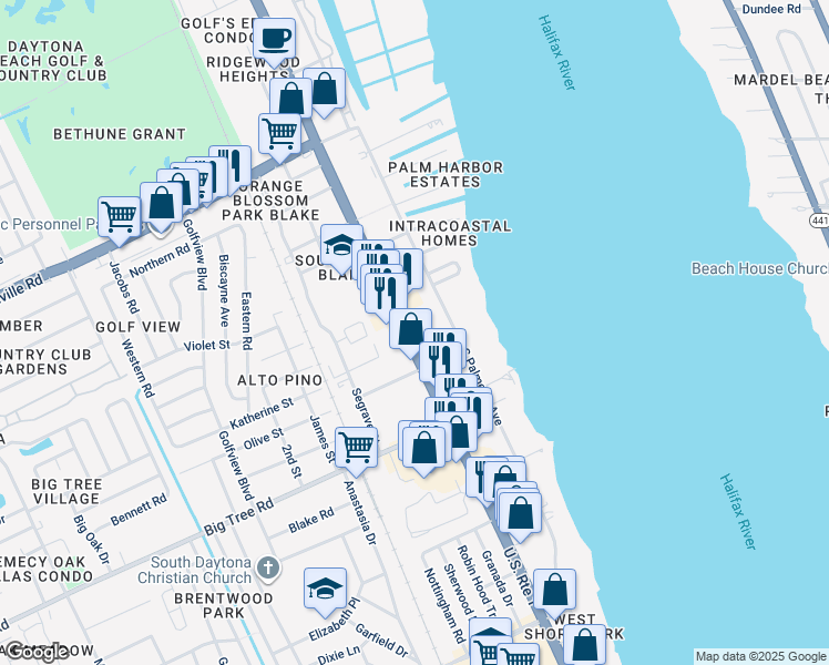 map of restaurants, bars, coffee shops, grocery stores, and more near 1830 South Palmetto Avenue in South Daytona