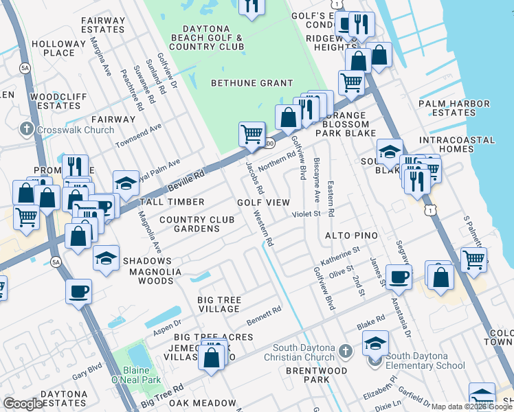 map of restaurants, bars, coffee shops, grocery stores, and more near 1650 Western Road in South Daytona